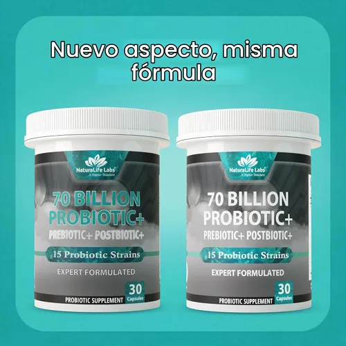 Vista 4 de NaturaLife Labs Probióticos 70 mil millones de CFU – 15 cepas con prebiótico y postbiótico orgánico – Fórmula 3 en 1 – 30 cápsulas veganas