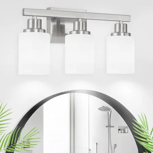 Vista 26 de Juego de 2 apliques de pared para baño, 1 luz negra, apliques de pared modernos para interiores con pantallas de vidrio blanco, lámpara de pared