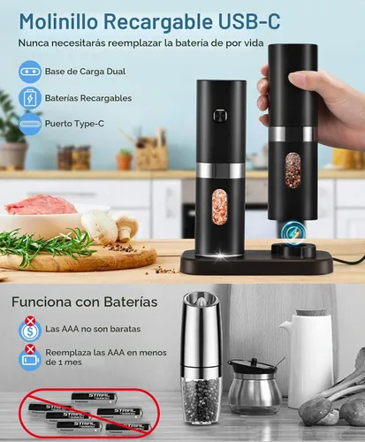 Vista 2 de Juego de molinillo eléctrico de sal y pimienta, nuevo molinillo recargable de sal y pimienta con 4 * baterías recargables, base de carga, luz