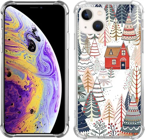 Vista 4 de Funda estética para iPhone 15 Plus, diseño de árboles y casas de pueblo navideño para iPhone 15 Plus, cubierta de suelo de nieve de invierno