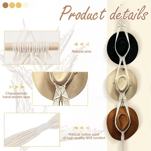 Vista 4 de Gute Colgador de macramé bohemio para colgar en la pared, organizador tejido con capacidad de 3 sombreros para sombrero de ala ancha, Fedoras