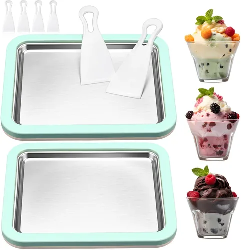 Vista 8 de 2 juegos de helados enrollados, bandeja de helado enrollada con 2 raspadores, placa de acero inoxidable instantánea para hacer granizados sorbete
