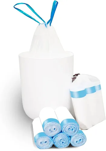 Vista 5 de Bolsas de basura pequeñas de 1.2 galones, bolsas de basura para baño, con cordón, 60 unidades, bolsas de basura que se encogen automáticamente