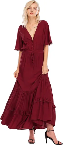 Vista 5 de R.Vivimos - Vestido por debajo de la rodilla bohemio para mujer, de manga corta, algodón, cuello en V, diseño floral y estilo informal