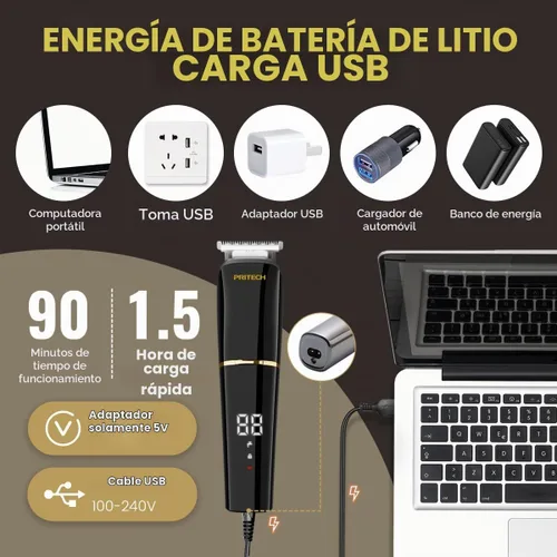 Vista 6 de PRITECH Cortadora de barba para hombres, kit de cortapelos 6 en 1, kit de aseo inalámbrico de precisión impermeable IPX6 para barba, cabello Negro