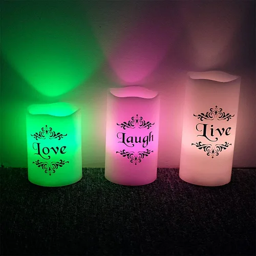 Vista 8 de Velas LED sin llama que cambian de color con control remoto de 18 teclas y temporizador, calcomanías de Live Love Laugh que funcionan