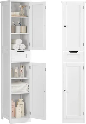 Vista 21 de Iwell Armario de baño de 67 pulgadas de alto, armario de almacenamiento con 2 puertas y 1 cajón, armarios de almacenamiento de baño con estantes