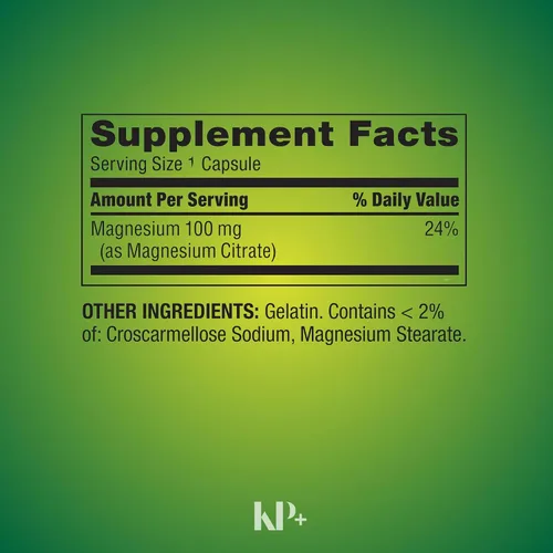 Vista 5 de KP+ Magnesio Citrato de magnesio 100 mg Apoyo a la salud ósea y muscular Cápsulas de liberación rápida 100 unidades Suplemento dietético