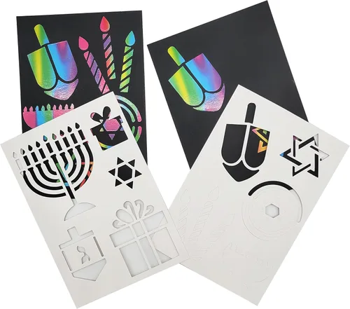 Vista 4 de The Dreidel Company Paquete de 4 plantillas para rascar Hanukkah, arte para rascar arco iris, marcadores y formas temáticas de vacaciones, juego