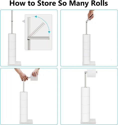 Vista 9 de Soporte de papel higiénico de pie, 6 rollos moderno de acero inoxidable de pie para baño, soporte para rollo de papel higiénico con almacenamiento