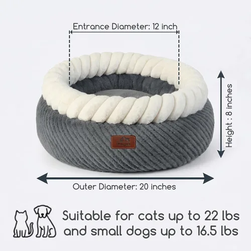 Vista 4 de Hollypet Cama redonda para gatos, camas pequeñas para perros con cojín Gris y Blanco