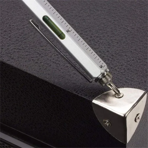Vista 3 de Bolígrafo multifunción Tech-Tool con recambios de tinta, herramienta 6 en 1 con bolígrafo, lápiz táctil para pantalla, regla, nivel de burbuja Plata