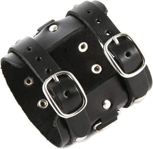 Vista 5 de STWTR Pulsera de cuero para hombre estilo punk rock, brazalete ancho tipo cinturón de motocicleta