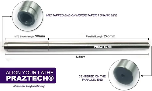 Vista 2 de PRAZTECH® Barra de mandril de prueba de alineación de torno de precisión Morse Taper 3 de 13.189 in de largo Vástago MT3 Extremo roscado M12