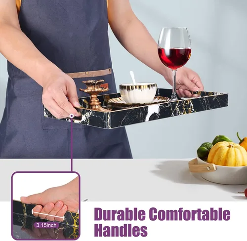 Vista 3 de Gifturbo - Bandeja de servir negra, bandejas de servir decorativas de mármol con asas, bandejas rectangulares de plástico para mesa de café otomanas
