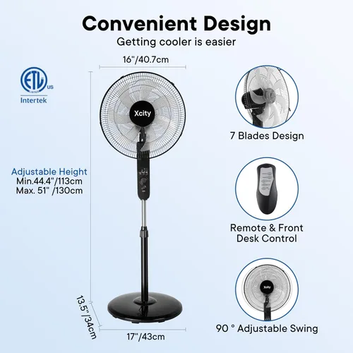 Vista 7 de Xcity Ventilador de pedestal oscilante de 16 pulgadas, ventilador industrial de alta velocidad con control remoto, inclinación ajustable