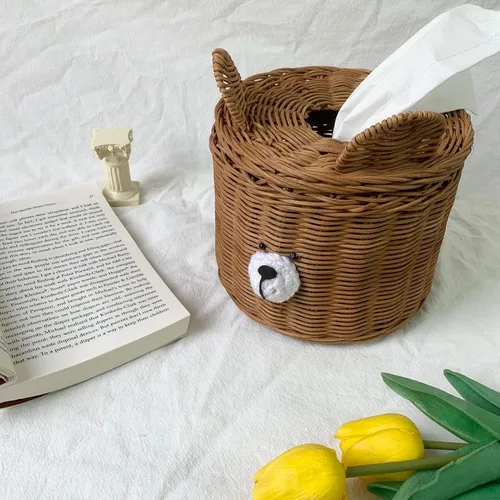 Vista 4 de Lindo oso tejido ratán cuadrado caja de pañuelos titular para cocina, baño, coche Soporte decorativo de mimbre recargable dispensador de Marrón