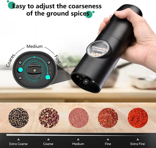 Vista 3 de Juego de molinillo eléctrico de sal y pimienta, juego de molinillo de pimienta automático recargable, luz LED, con una sola mano, con recipiente