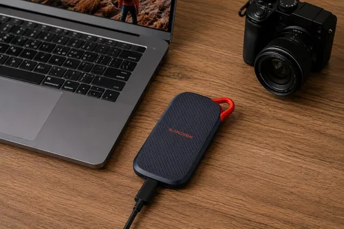 Vista 2 de Sandisk SSD portátil de 500 GB, velocidades de lectura de hasta 1000 MB/s Negro