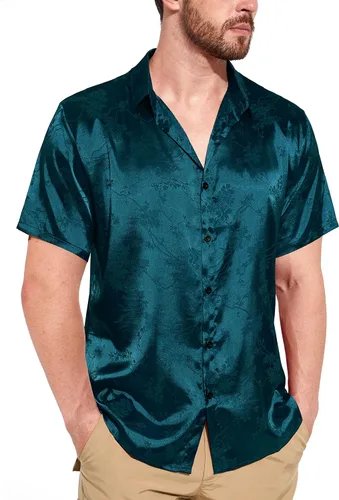 Vista 2 de THWEI Camisas de manga corta con botones y estampado floral de satén para hombre