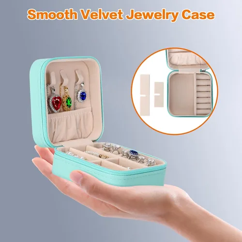 Vista 3 de LETURE Joyero pequeño de piel sintética, estuche portátil de viaje para anillos, colgantes, aretes, collares, organizador de pulseras, cajas