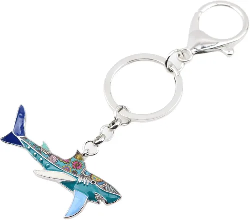Vista 3 de Llavero de tiburón de aleación esmaltada, anillo para bolso de mano, llavero de moda, joyería de pescado oceánico para mujeres y niños, regalo