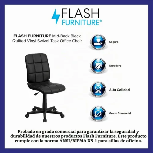 Vista 4 de Flash Furniture - Silla giratoria de respaldo medio de vinilo, acolchada, color negro