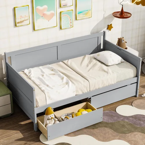 Vista 30 de HomSof Cama individual con 2 cajones, madera maciza, no necesita somier, gris