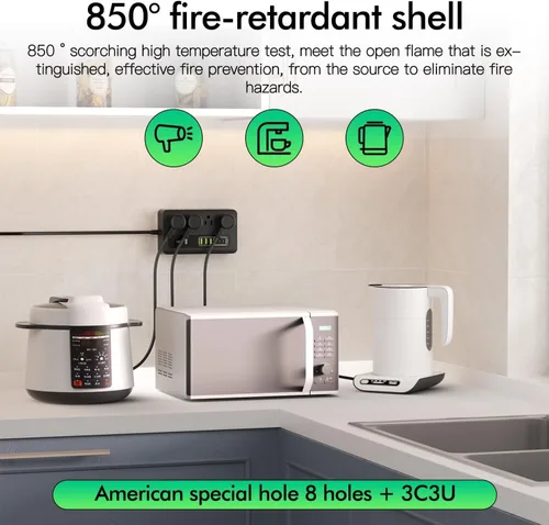 Vista 7 de HITRENDS - Regleta de alimentación con USB, cable de extensión de enchufe plano de 6 pies con 8 tomas, 3 puertos USB y 3 puertos tipo C (5V/3A)