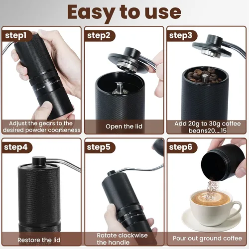 Vista 5 de Molinillo de café manual con 60 ajustes ajustables, molinillo de café portátil de mano con capacidad de 0.99 oz, molinillo de café cónico de acero