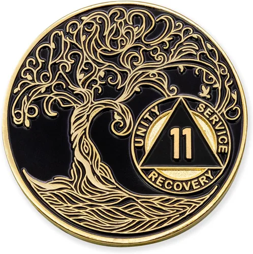 Vista 118 de 1 año Sobriety Mint Twisted Tree of Life Medallón de recuperación AA chapado en oro, chip/ficha - negro