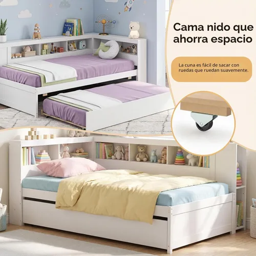 Vista 5 de KOMFOTT Sofá cama doble con nido, cama nido con estantería en forma de L