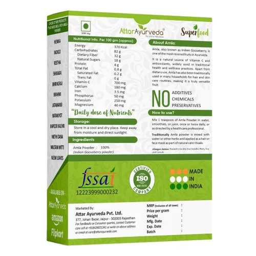 Vista 2 de Attar Ayurveda Pure Amla Powder para el crecimiento del cabello 100% puro y natural, sin conservantes reduce la apariencia de manchas en la piel