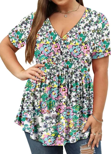 Vista 3 de ROSELINLIN Blusa de verano floral de manga corta con cuello en V para mujer