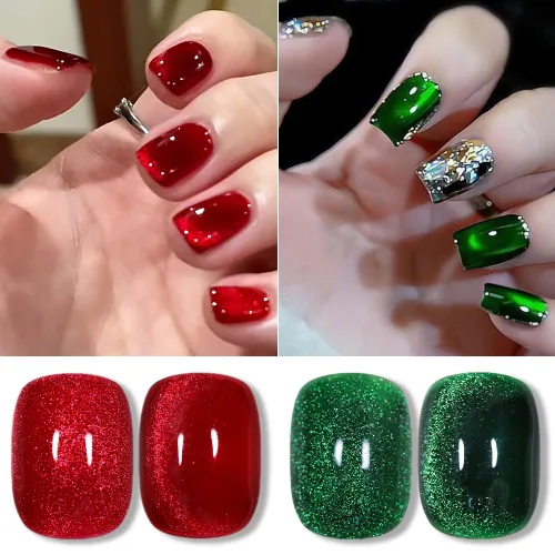 Vista 4 de Esmalte de uñas de gel magnético Cat Eye (rojo + verde tesoro), 0.34 onzas líquidas (paquete de 1)