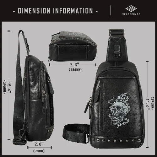 Vista 5 de Bolso bandolera pequeño de cuero genuino para hombres Crossbody, bolso negro de hombro de calavera para hombre, mochila de una sola correa, Negro