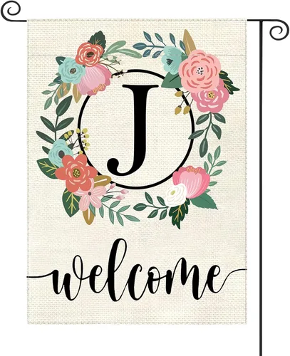 Vista 30 de Bandera de jardín con letra monograma, floral, 12 x 18 pulgadas, doble cara para exterior, pequeña de arpillera, familia, apellido, bandera inicial