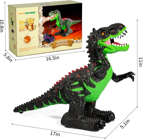 Vista 2 de Juguete de dinosaurio grande con control remoto para niños de 3, 4, 5, 6, 7, 8 años, tiranosaurio realista con niebla de agua, luz, rugiente, regalo