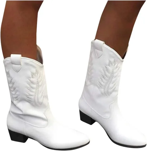 Vista 5 de Hbeylia Botas vaqueras occidentales para mujer, de cuero vintage, punta redonda, tacón medio, ancho, de media pantorrilla, botas vaqueras retro sin
