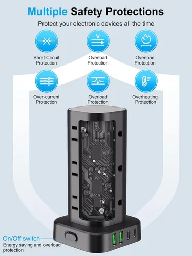Vista 6 de Regleta de alimentación de torre con múltiples salidas, protector de sobretensiones de enchufe plano, cable de extensión de torre con 12 tomas
