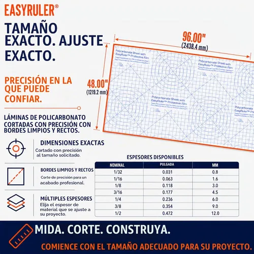 Vista 2 de Lámina de plástico transparente de policarbonato 48" X 96" X 0.0625" (1/16", 4x8 pies) Exacta, película EasyRuler, resistente a las roturas, más