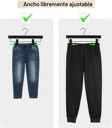 Vista 7 de TOPIA HANGER Perchas de madera negra para pantalones, perchas de falda de madera con clips, percha de lujo para jeans con gancho plano anti-óxido