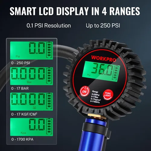 Vista 4 de WORKPRO Medidor digital de presión de neumáticos, 12 unidades, 250 PSI