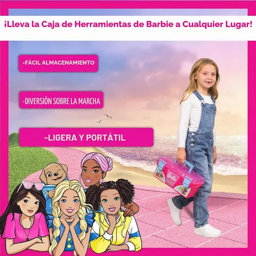 Vista 4 de Juego de caja de herramientas Barbie – Juego de herramientas de lujo de 18 piezas, herramientas de construcción de juego de simulación con cinta
