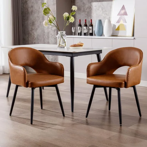Vista 3 de HEAH-YO Juego de 2 sillas decorativas giratorias modernas, sillas de comedor de piel sintética con reposabrazos y patas de metal negro, sillas