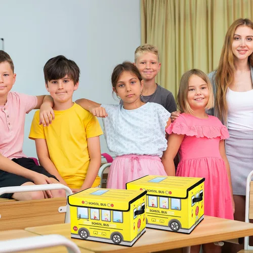 Vista 5 de Sweetude Caja del tesoro de autobús escolar de 2 piezas para el aula, caja plegable de almacenamiento de juguetes con tapa, organizador de tesoros