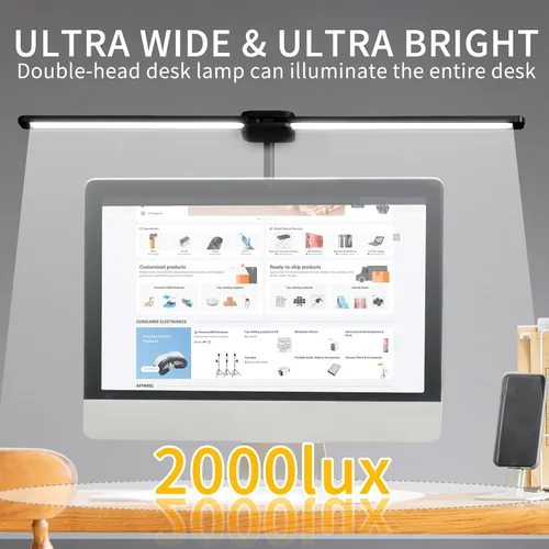 Vista 2 de Lámpara de escritorio LED con dos cabezales, lámpara de escritorio con abrazadera, 12W, 2000 LMS, CRI>90, 5 modos de color (2700K-6500K), varios