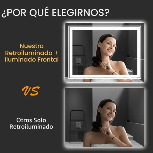 Vista 2 de Snowdool - Espejo de baño LED, de 24 x 36 pulgadas, con luz delantera y trasera, antiempañamiento, espejo de tocador de baño para pared, con función