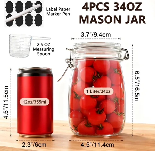 Vista 6 de Tarros de vidrio con tapa hermética de 34 onzas, paquete de 4 unidades, boca ancha 32OZ-4PCS Redondo