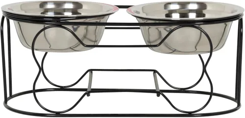 Vista 4 de YML Soporte de hierro forjado de 5 pulgadas con pequeño tazón de alimentador doble de acero inoxidable